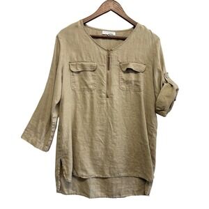 Ellen Tracy 100% Linen Womens Sz M Tunic Top Beige Minimalist Lagenlook Roll Tab